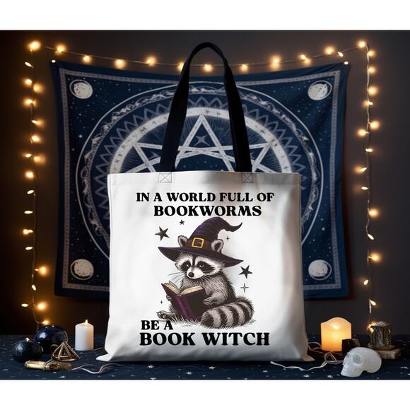 Large Witchy Raccoon Tote Bag for Readers, Book Lovers, Bibliophiles - Picture 2 of 2